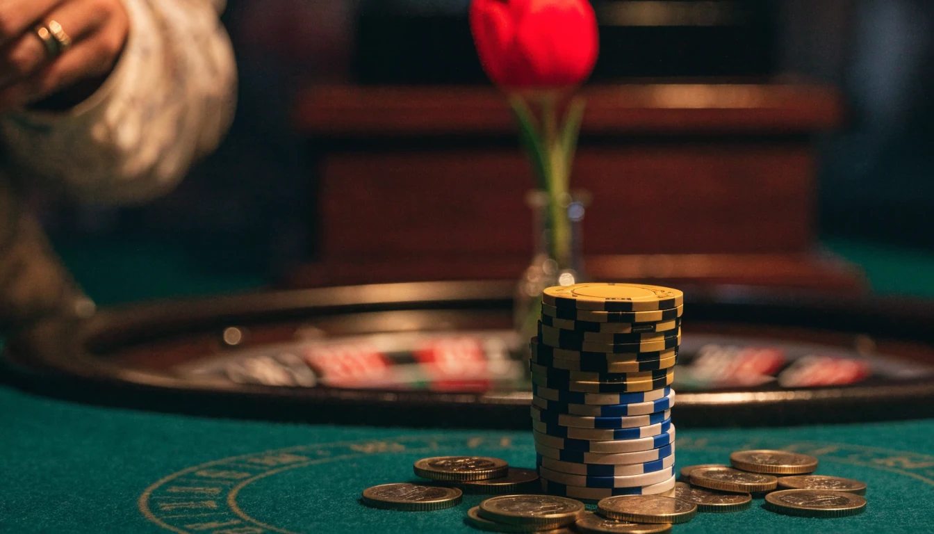 Elegante casinotafel met kleurrijke fiches, euromunten en Nederlandse tulp op de achtergrond