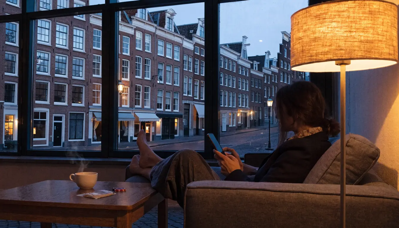 Persoon in Nederlandse woonkamer met telefoon, kleine stapel euro's en casino fiche op tafel.