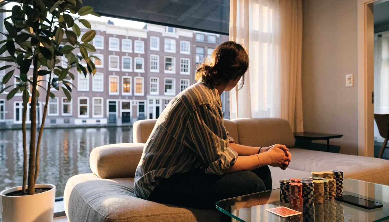 Persoon op sofa in modern Nederlands appartement met Android-telefoon en casinofiches op tafel