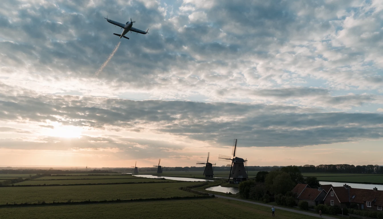 Stijgend vliegtuig boven Nederlands polderlandschap met molens en kanalen bij zonsondergang