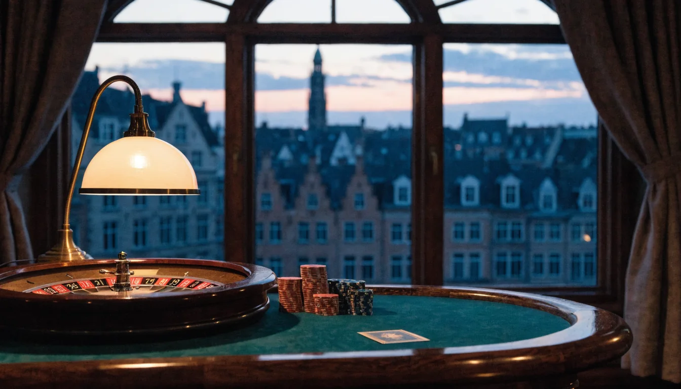 Elegante casinotafel met roulettewiel en fiches, uitzicht op Belgische stad door boograam