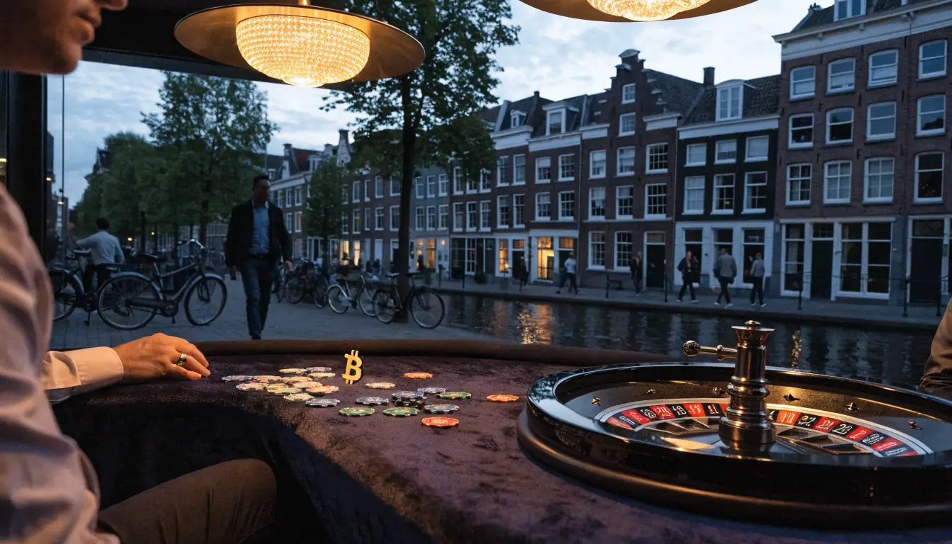 Stijlvolle casino lounge in Nederland met roulette, fiches en een Bitcoin-muntstuk