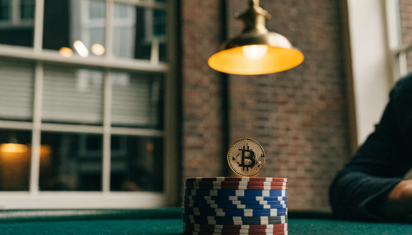 Bitcoin-munt op groene casinotafel met stapel fiches in Amsterdam