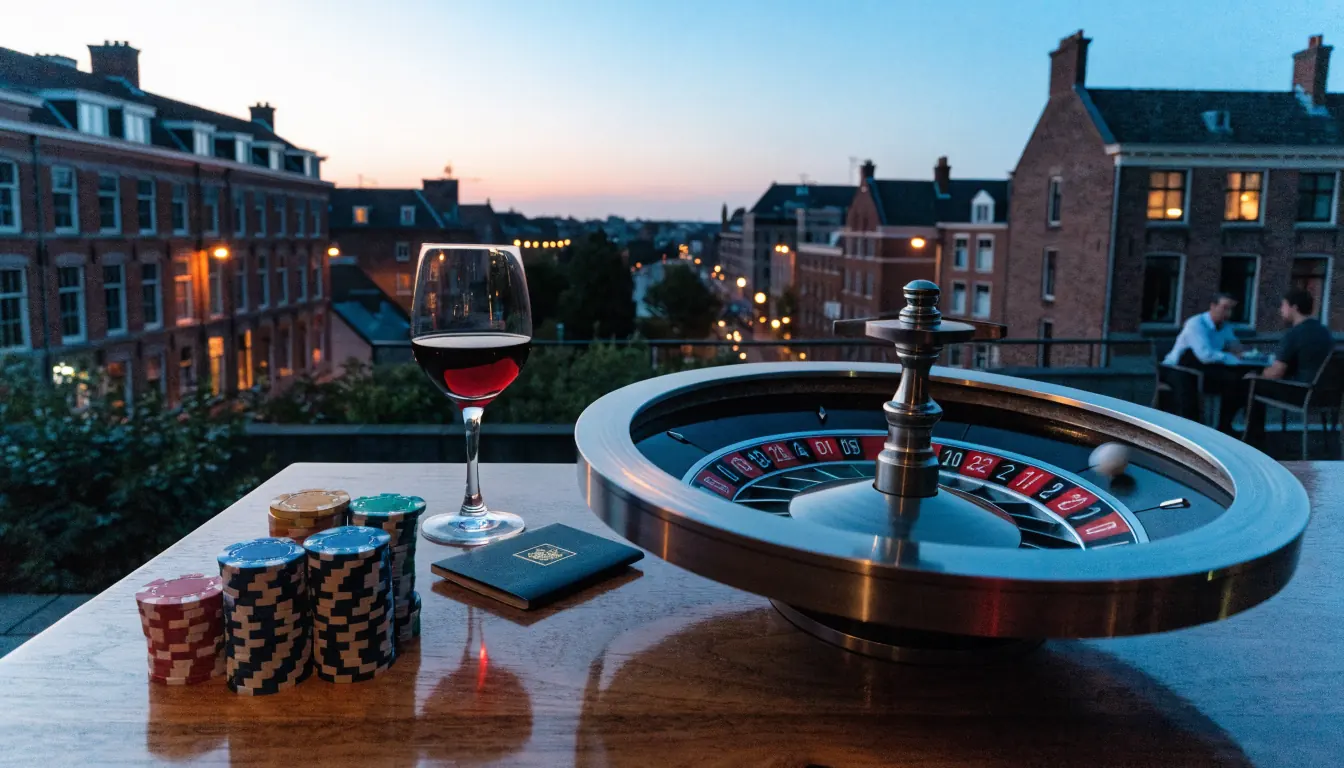 Dakterras met roulettewiel, fiches en uitzicht op de stad bij zonsondergang