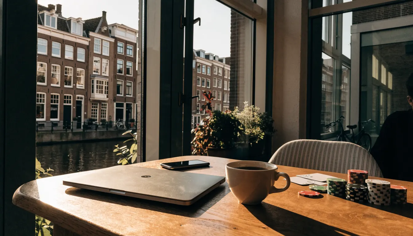 Nederlandse woningtafel met gesloten laptop, speelkaarten en koffie aan het raam met grachtzicht