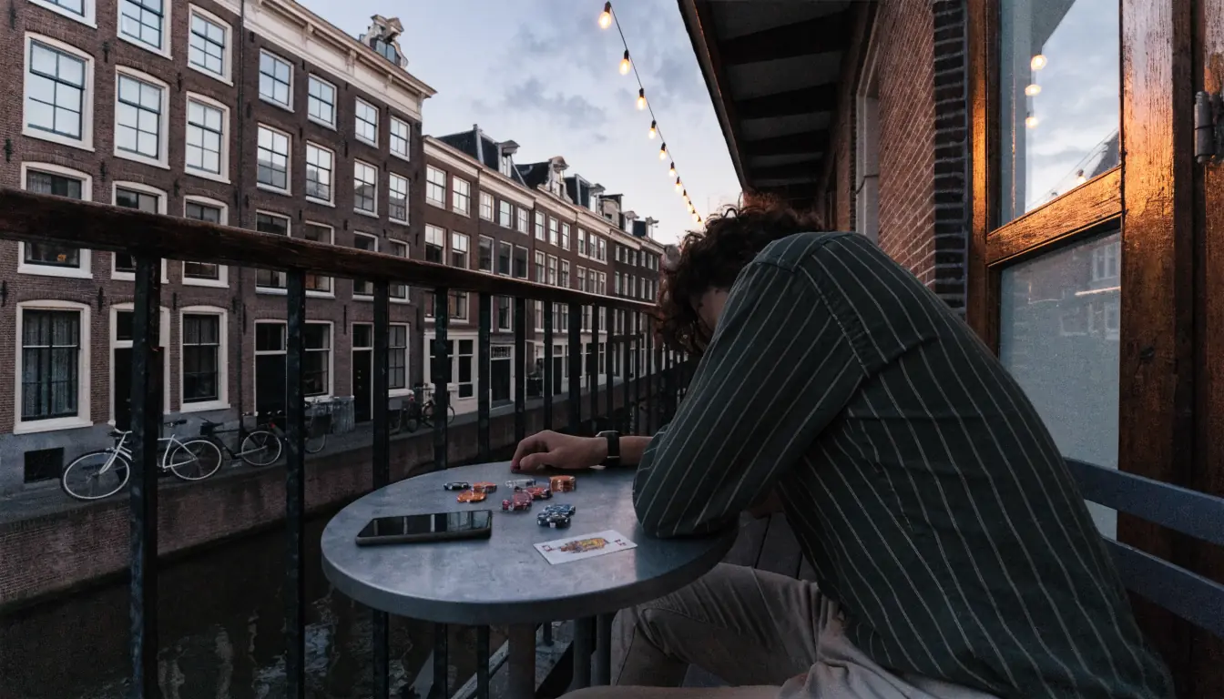 Persoon op Amsterdams balkon met smartphone, casinofiches en speelkaart op tafel