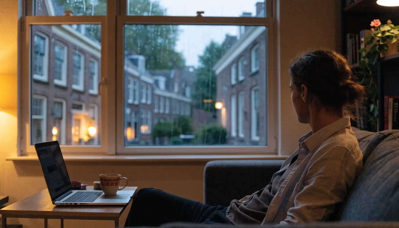 Persoon ontspannen in een Nederlandse woonkamer met laptop en koffie