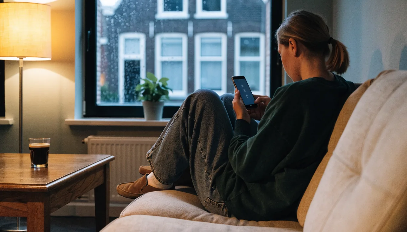 Persoon in een Nederlandse woonkamer met smartphone op de bank.
