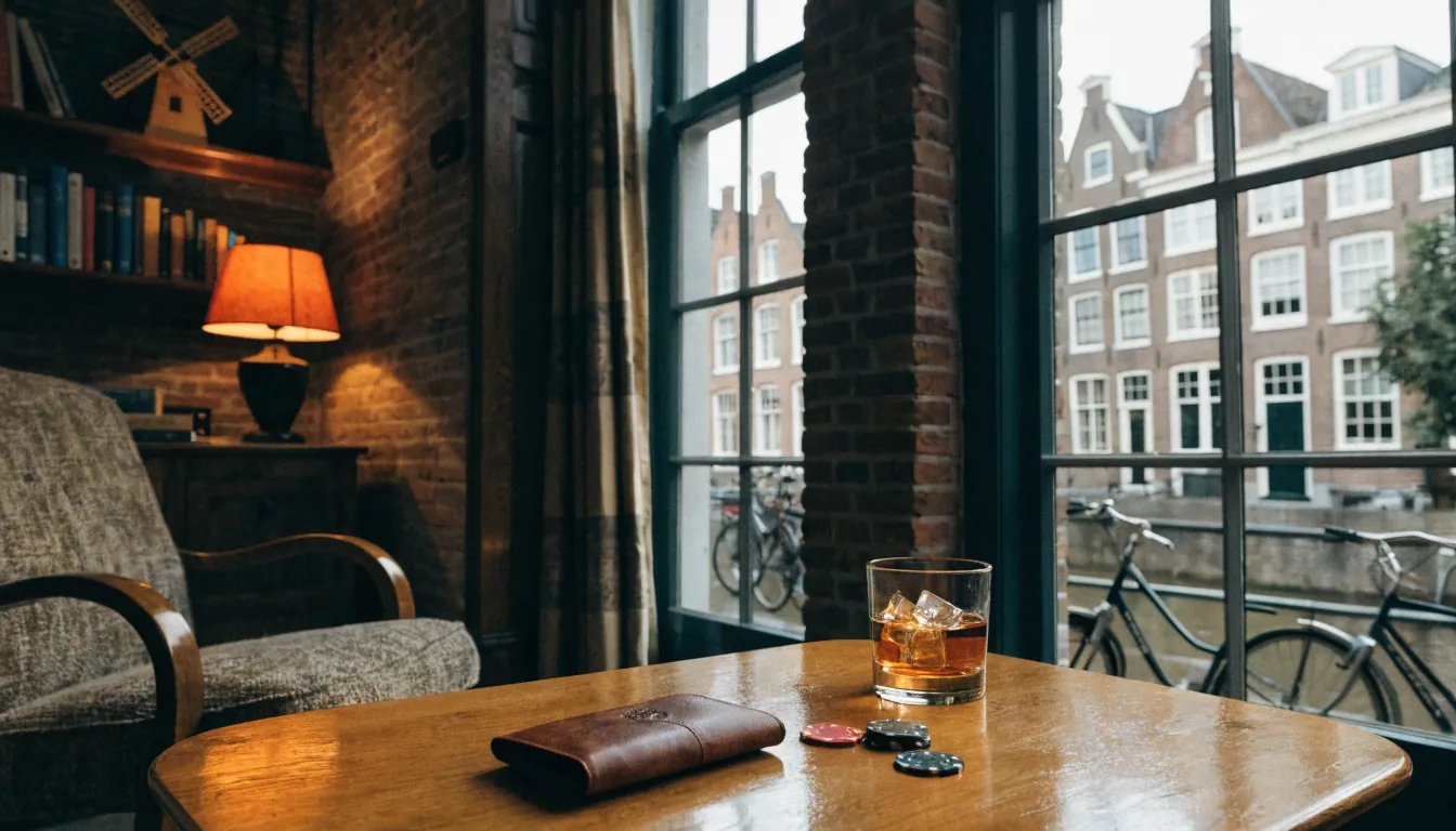 Sfeervolle Nederlandse woonkamer met casinofiches en kaarten op tafel