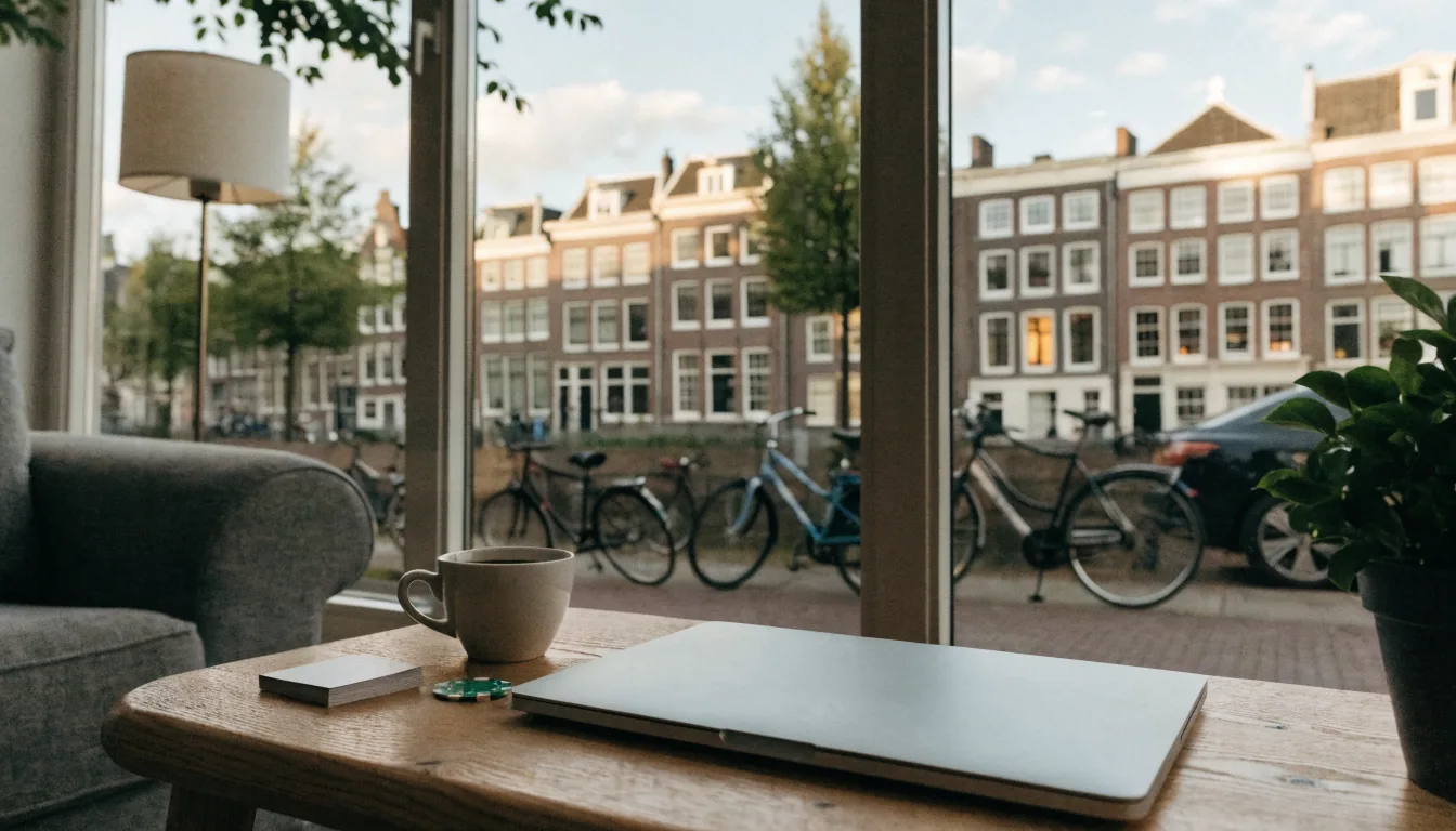 Sfeervolle Nederlandse woonkamer met laptop, koffie en casinospel op tafel
