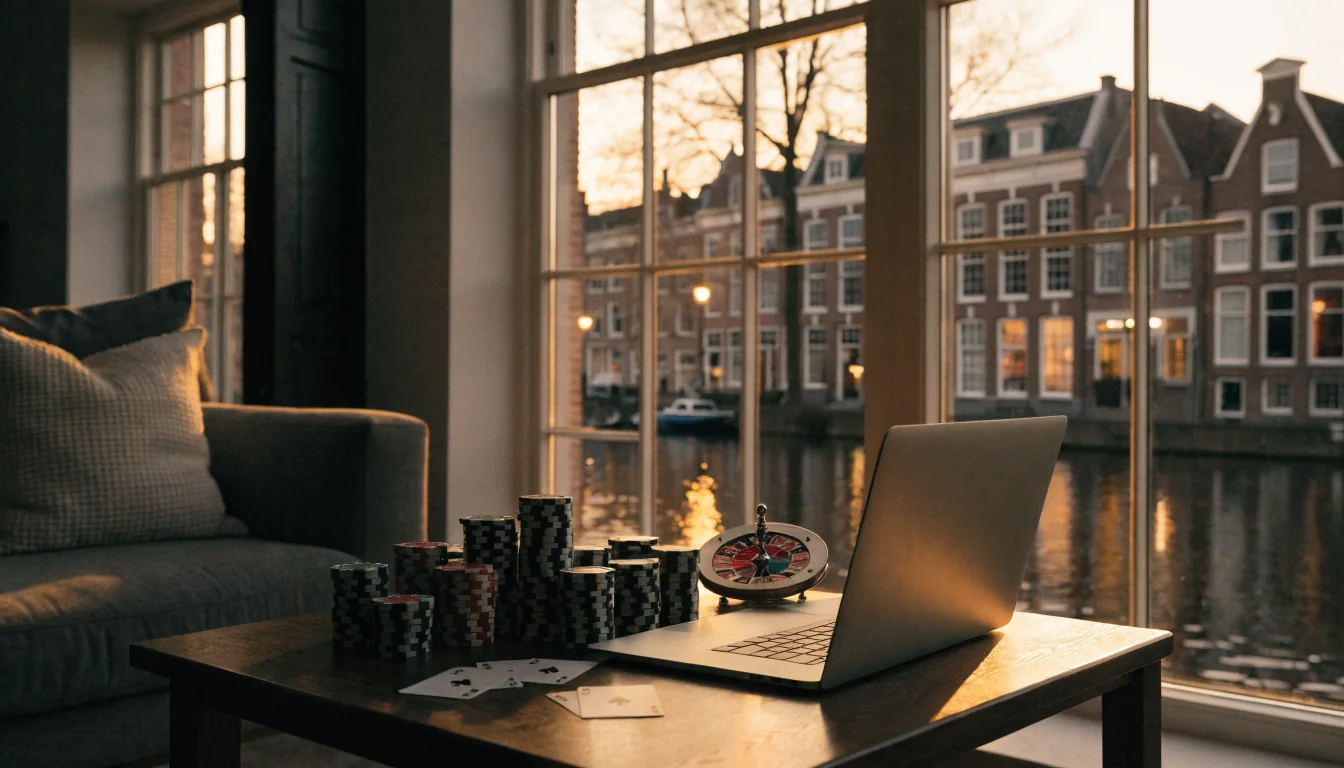 Moderne Nederlandse woonkamer met casinofiches en speelkaarten op tafel