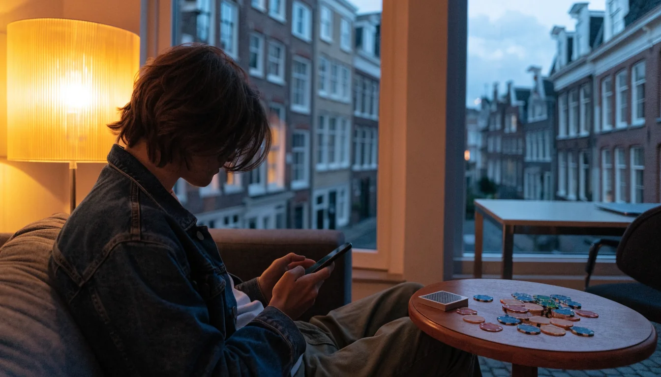 Modern Nederlands appartement met casinofiches en gesloten kaartspel op tafel bij schemering