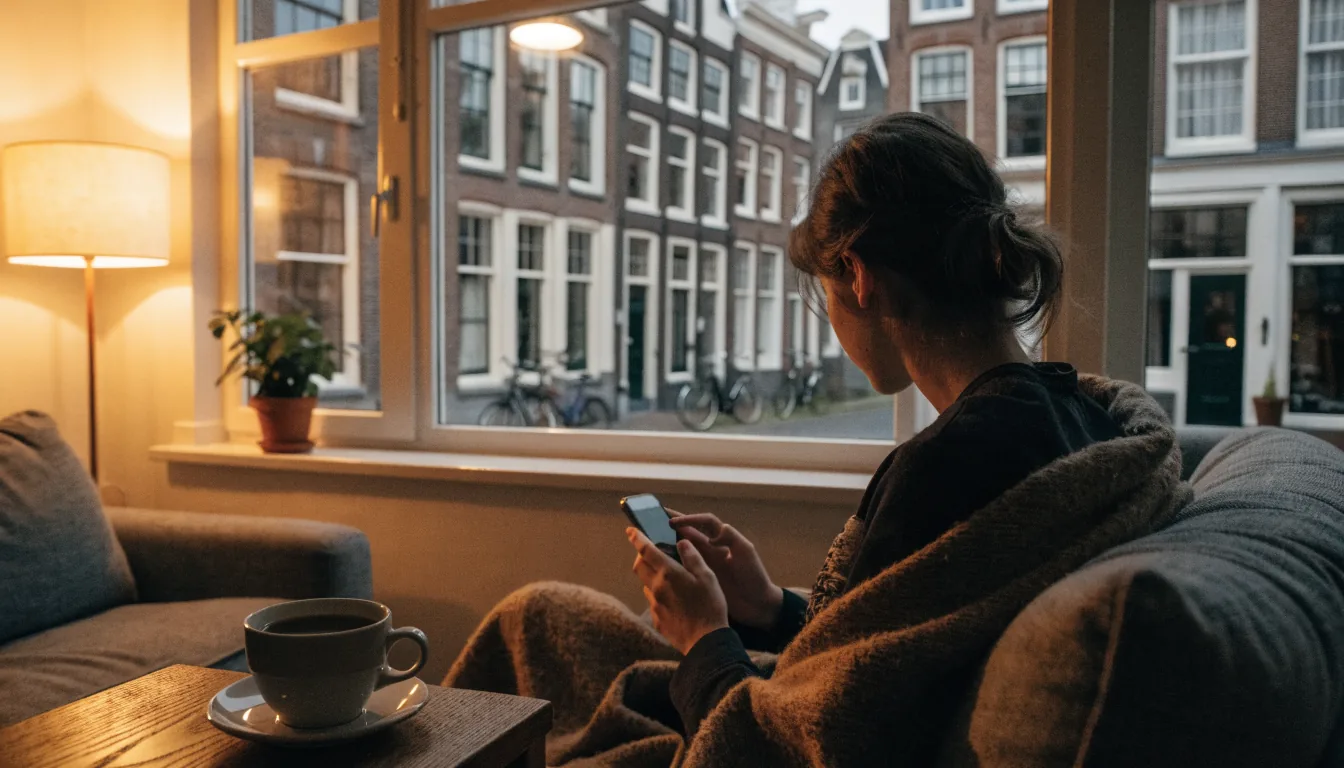 Jong volwassene op de bank met smartphone bij het raam, Amsterdamse grachtenpanden zichtbaar buiten