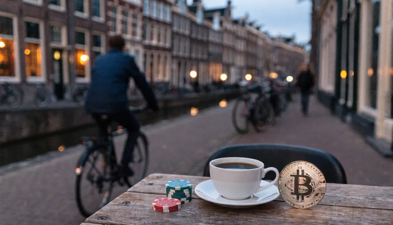 Amsterdamse gracht met casinofiches en bitcoin-token op een houten tafel