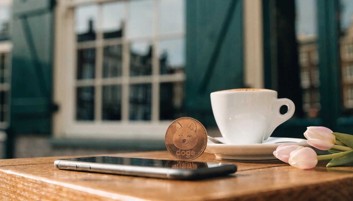 Dogecoin-munt op een houten tafel met koffie en tulpen, Nederlandse grachtenwoning op de achtergrond.