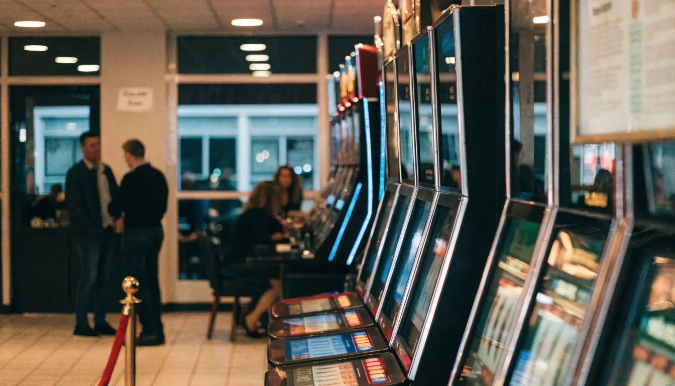 Rij kleurrijke gokkasten in een Nederlands casino-interieur
