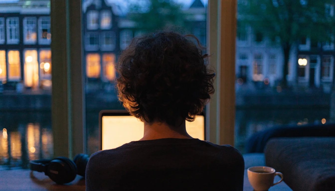 Spelersavond in Amsterdam met laptop en koffie
