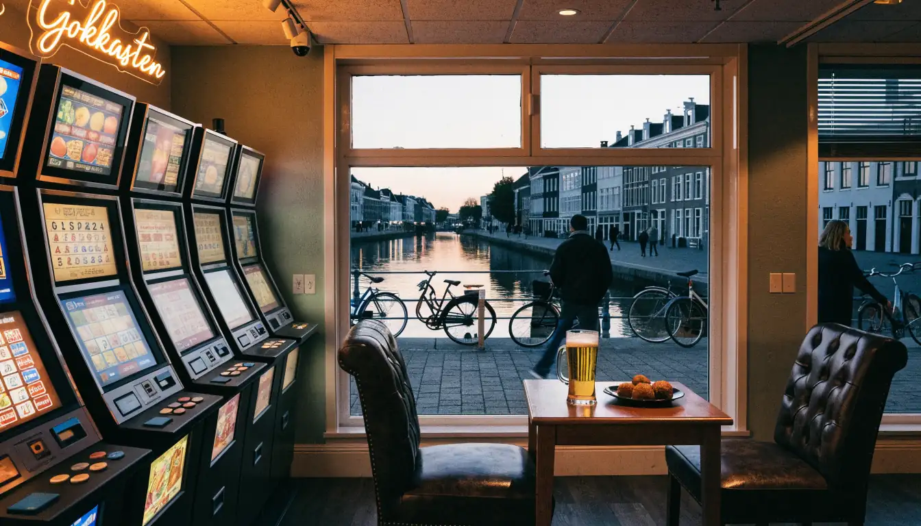 Sfeervolle Nederlandse speelhal met gokkasten en biertje op tafel