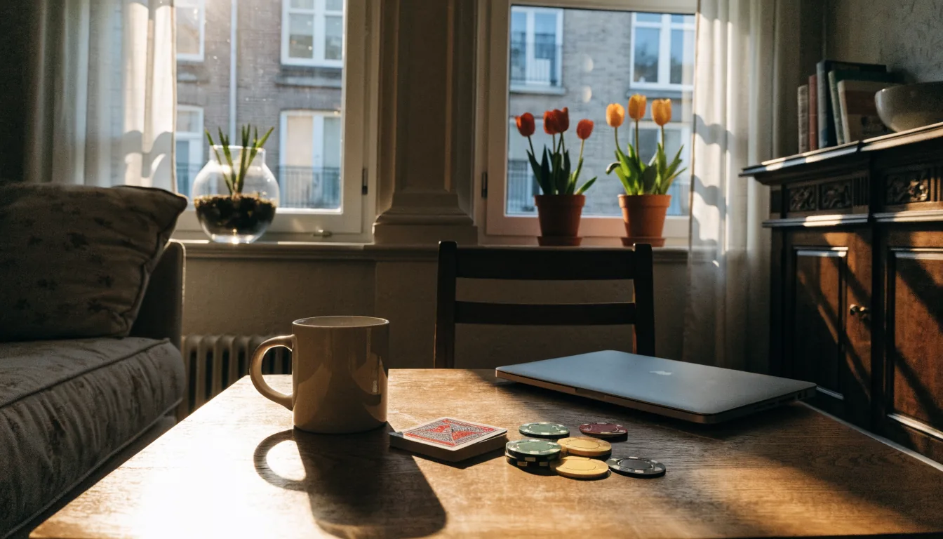 Sfeervolle Nederlandse woonkamer met speelkaarten, fiches en een dichte laptop op tafel.