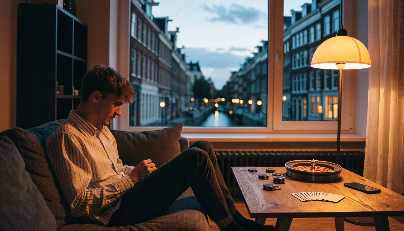 Ontspannen avond in een Amsterdamse woning met casinofiches, speelkaarten en een roulettewiel op tafel.