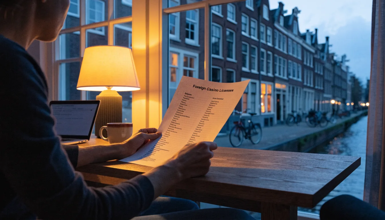Persoon aan bureau onderzoekt buitenlandse casinolicenties bij raam met grachtenpanden