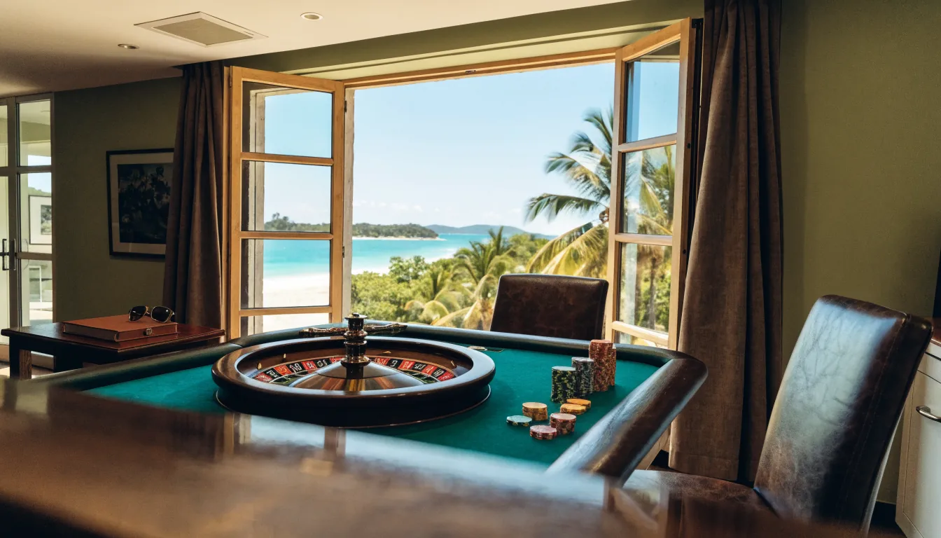 Casino tafel met roulette en fiches, uitzicht op tropisch Caribisch strand door het raam.