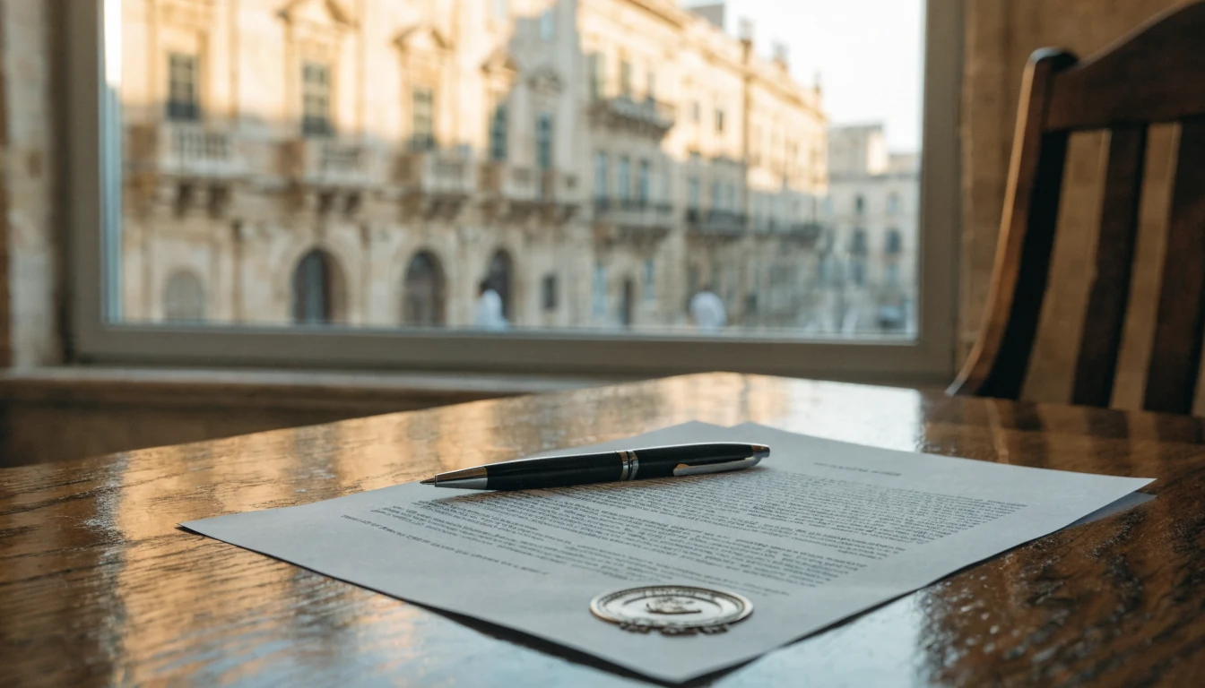Officiële vergunningsdocument met zegel op een bureau in Valletta, Malta