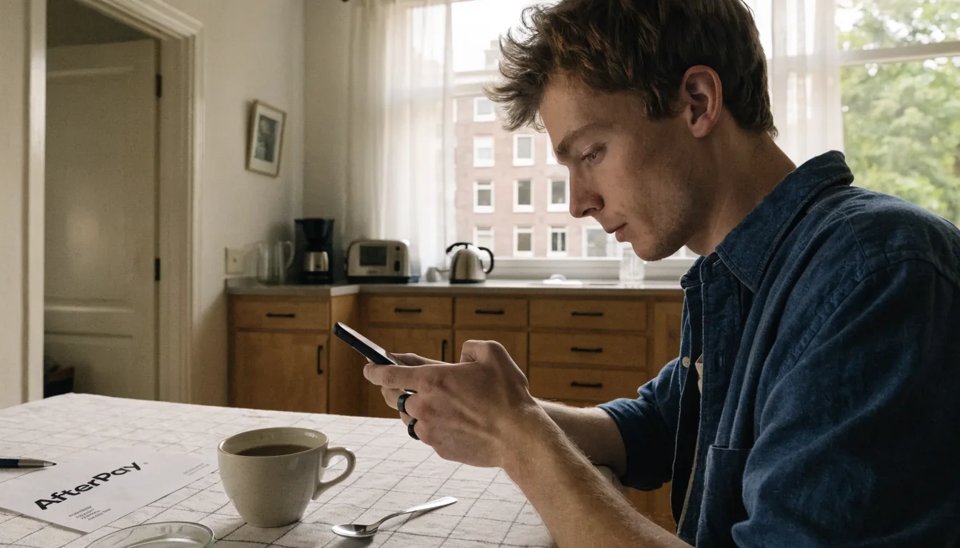 Man met telefoon en creditcard aan keukentafel, rekening ernaast