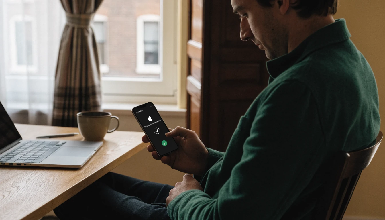Nederlandse speler bevestigt betaling via Apple Pay op smartphone thuis in Amsterdam
