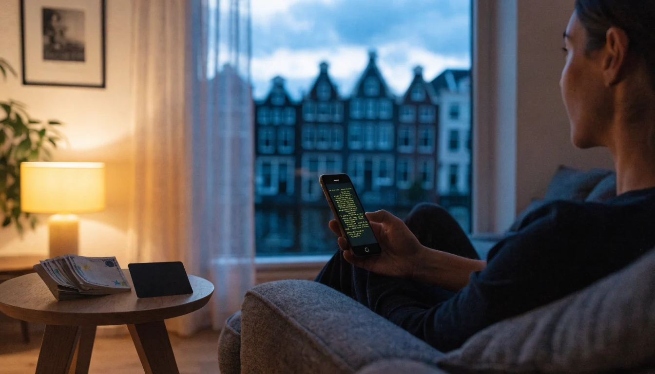 Nederlander op de bank met telefoon en AstroPay-voucher bij schemerlicht.