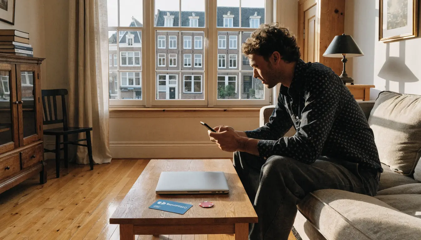 Man doet betaling met Bancontact kaart in gezellige Amsterdamse woonkamer