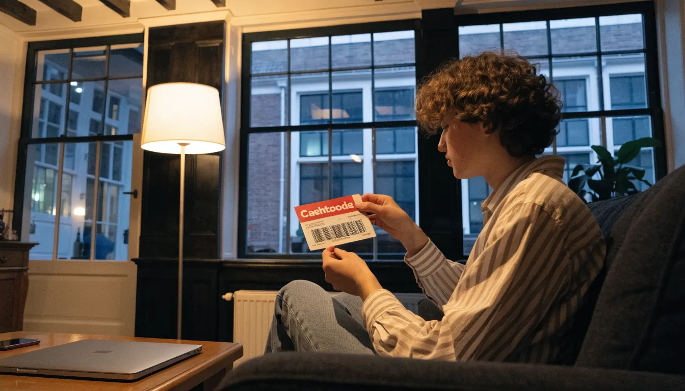 Nederlandse woonkamer met gesloten laptop en Cashtocode bon op tafel