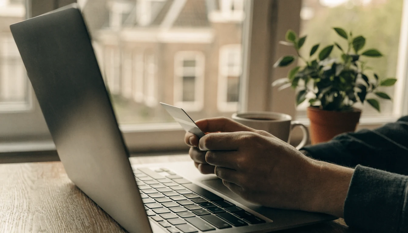 Handen met creditcard bij een laptop op een bureau