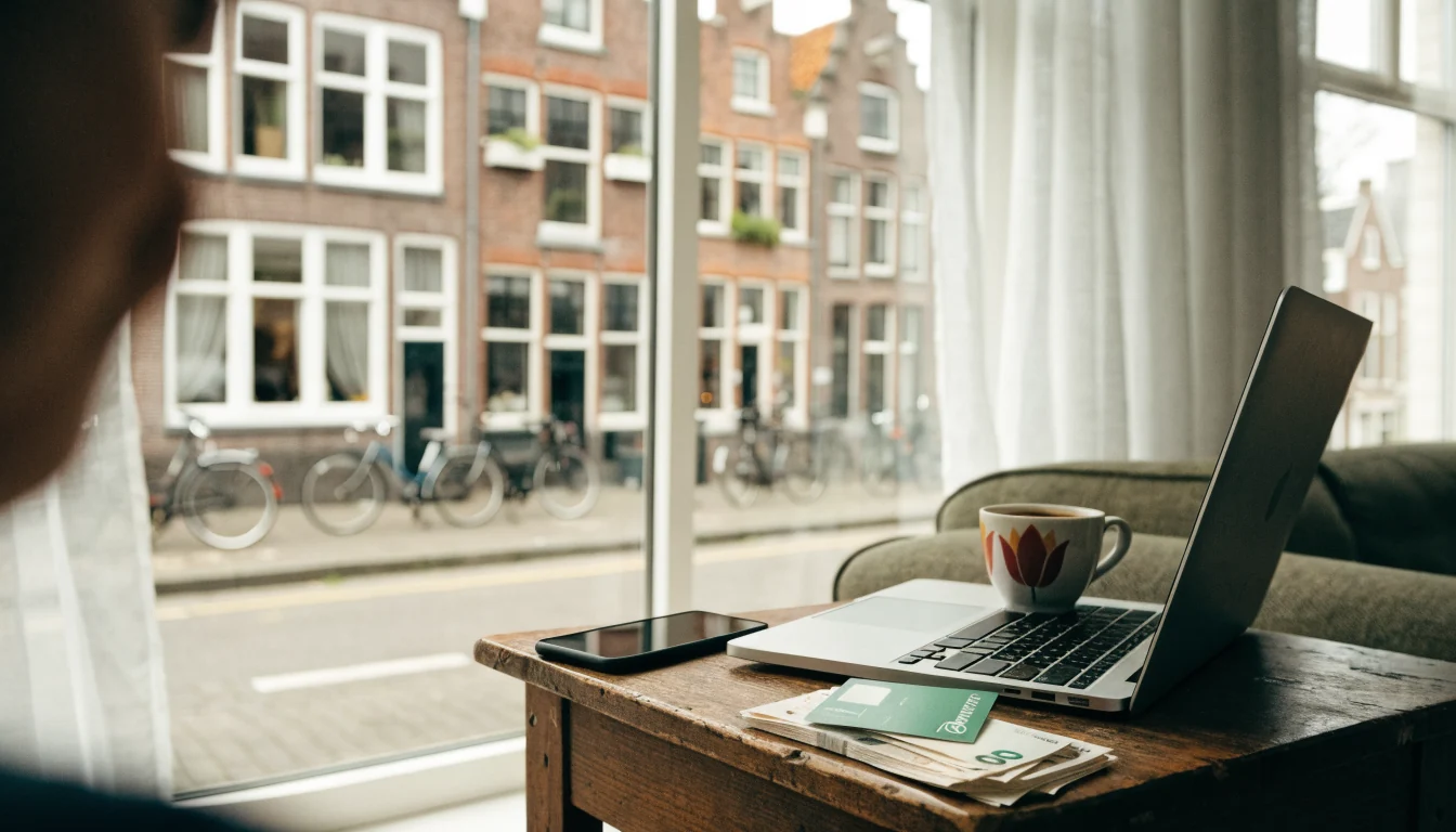 Nederlandse woonkamer met smartphone, laptop, euro's en groene prepaidkaart