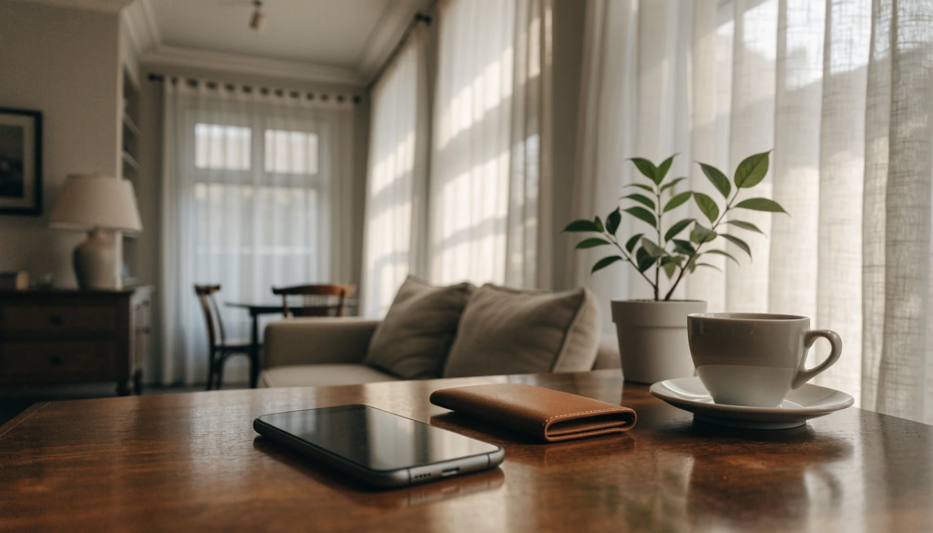 Smartphone op tafel met portemonnee en plant in een Nederlands interieur