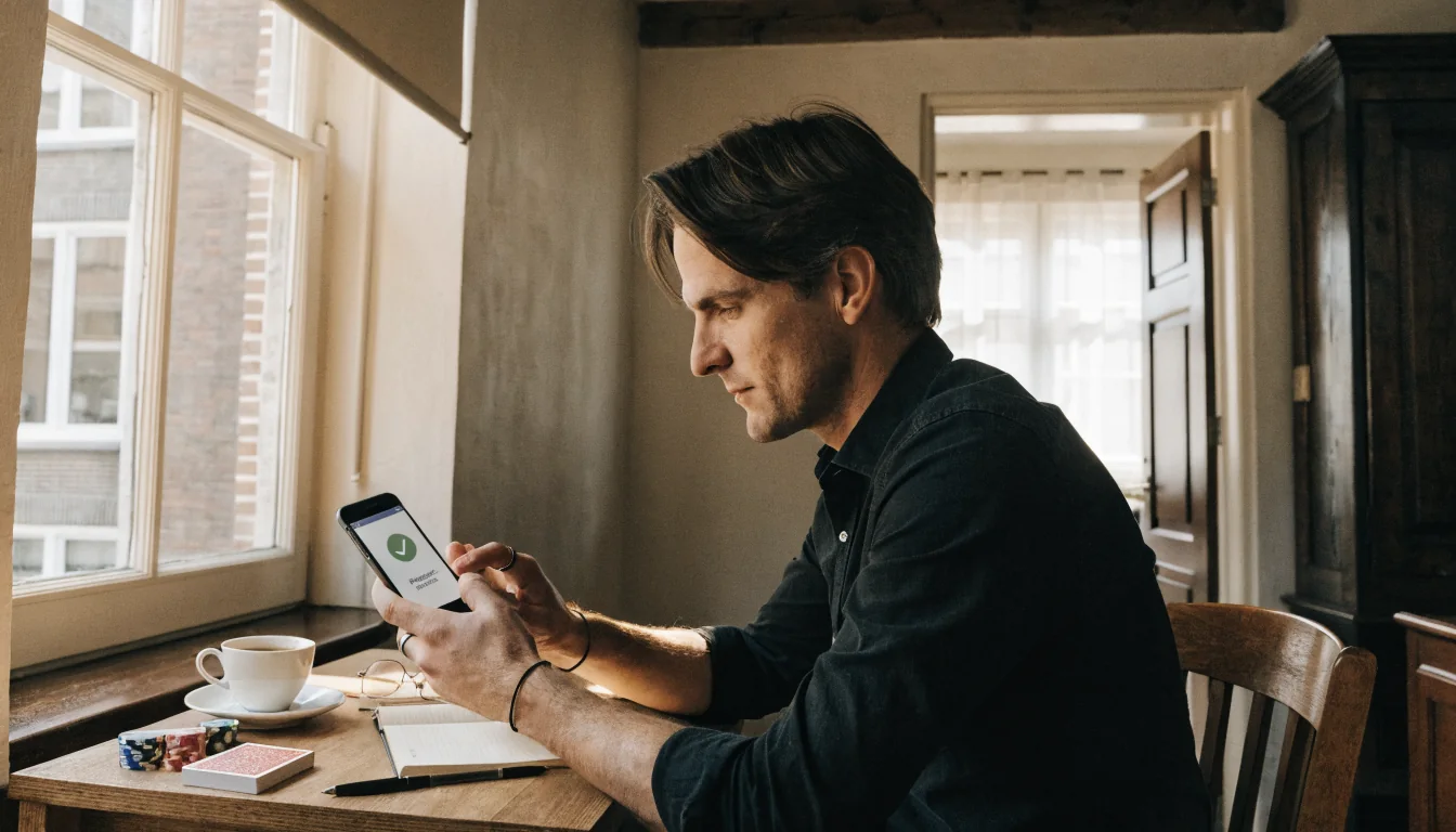 Nederlandse man aan bureau met telefoon, casinofiches en speelkaarten