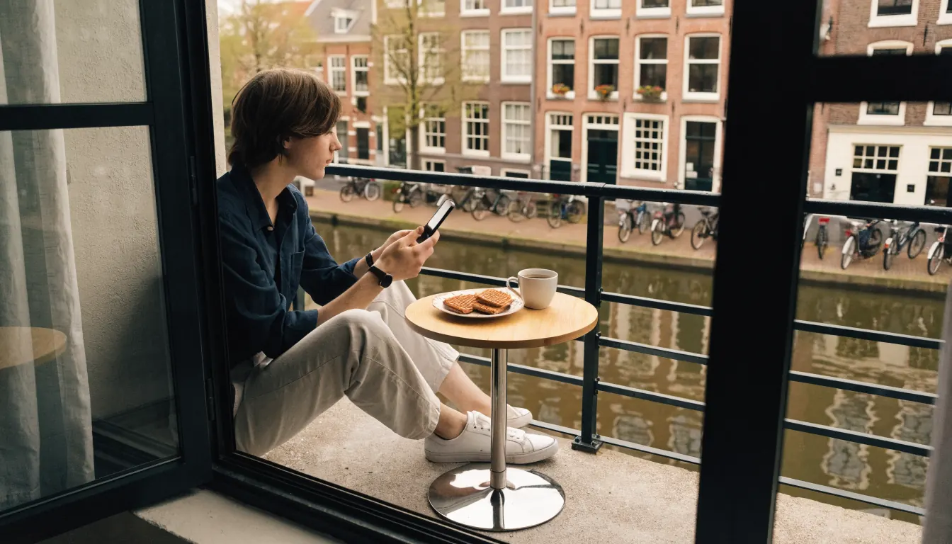 Persoon op balkon in Amsterdam met smartphone, koffie en stroopwafels.