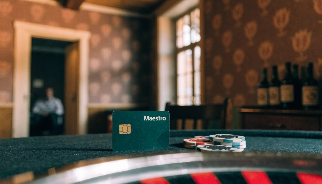 Maestro-betaalkaart op casinotafel met fiches en roulettewiel.