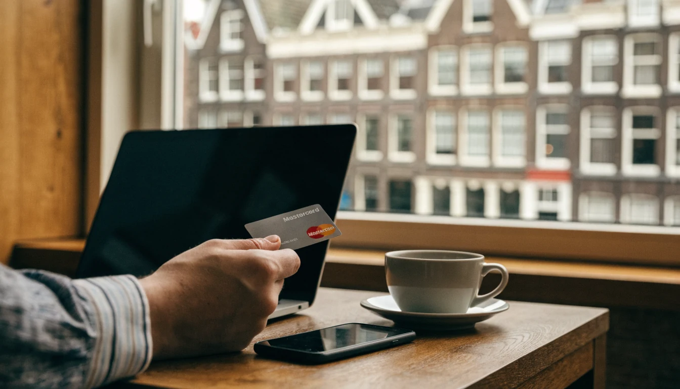 Hand met Mastercard-kaart naast een laptop in een Nederlands interieur