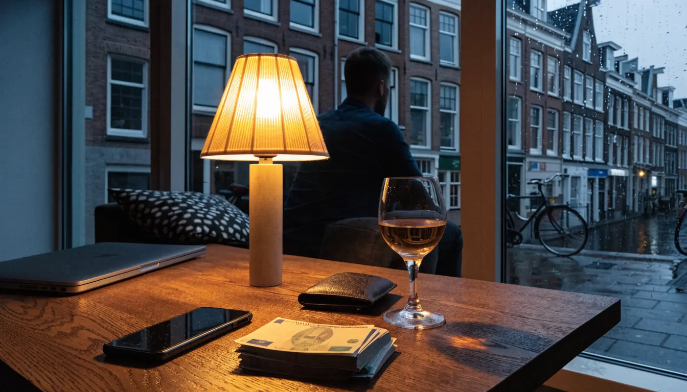 Nederlandse huiskamer met smartphone, euro's en portemonnee op tafel