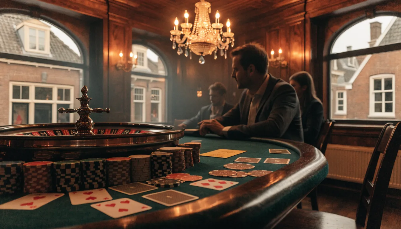 Casino tafel met roulette, kaarten, fiches en prepaid voucher voor storting.