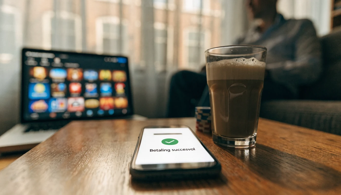 Smartphone met Neteller-betaling naast pokerchips op tafel
