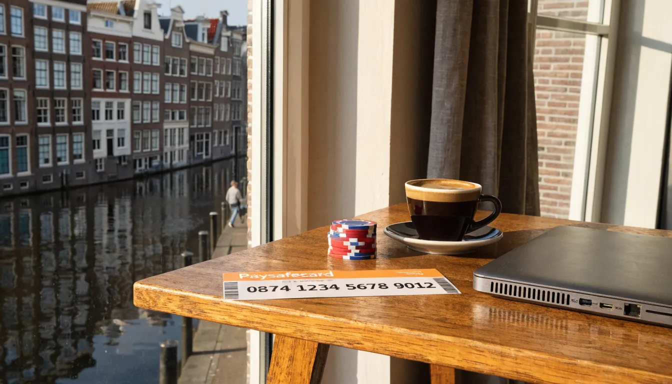 Houten tafel bij raam met Paysafecard-voucher, casinochips, koffie en gesloten laptop, grachtenpanden op achtergrond.