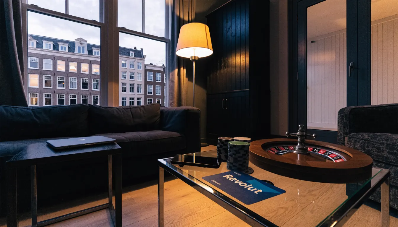 Revolut-betaalkaart, casinofiches en roulette op een salontafel in een Nederlands interieur.