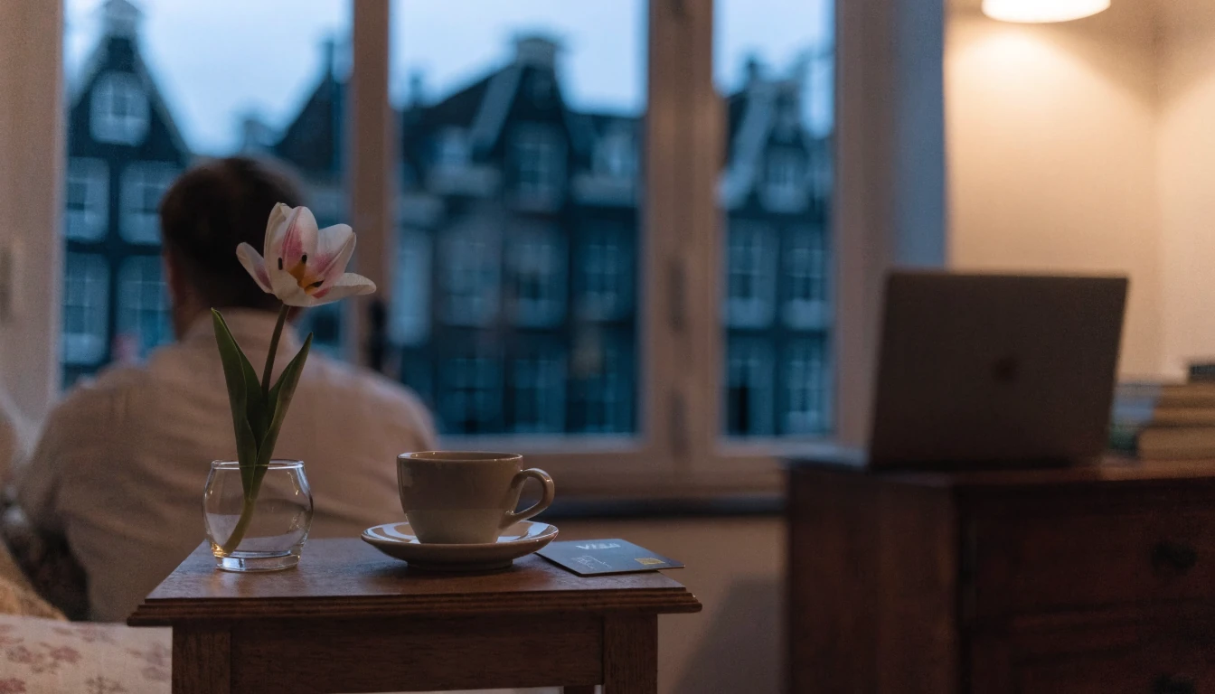 Visa-kaart op tafel in een Nederlands interieur met gesloten laptop en grachtenpanden buiten het raam.