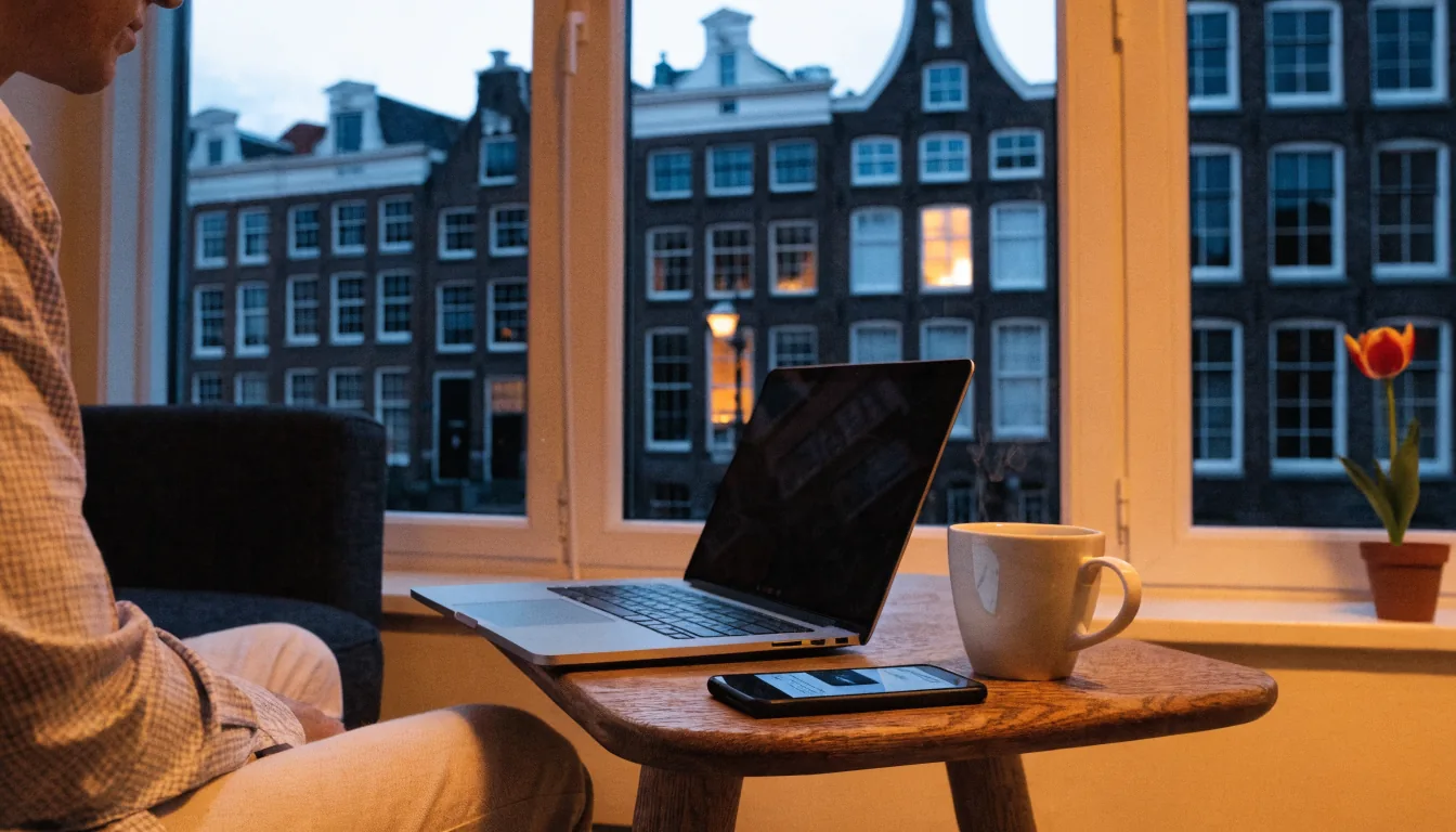 Moderne Nederlandse huiskamer met laptop, smartphone en koffie bij het raam.