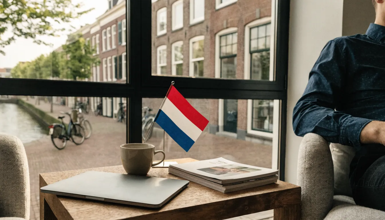 Rustig Nederlands interieur met laptop en koffie aan een grachtenraam.