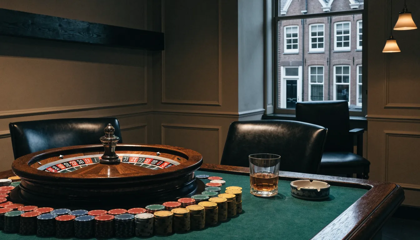 Rustige casinokamer met roulettewiel en fiches aan een tafel, Nederlands interieur