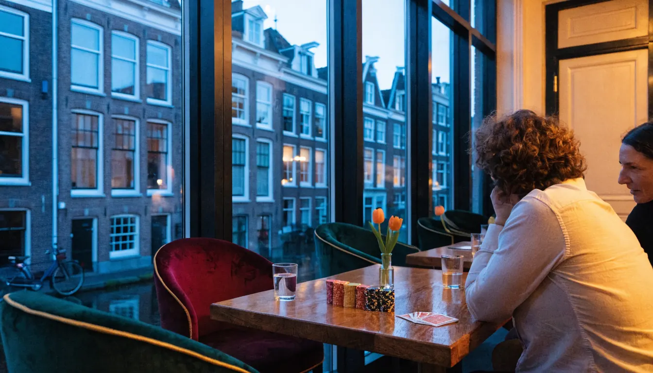 Modern Amsterdam interieur met pokerfiches, speelkaarten en grachtenpanden achter glas