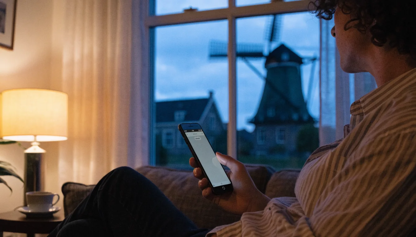 Persoon op de bank met smartphone in een Nederlands interieur bij avondlicht.